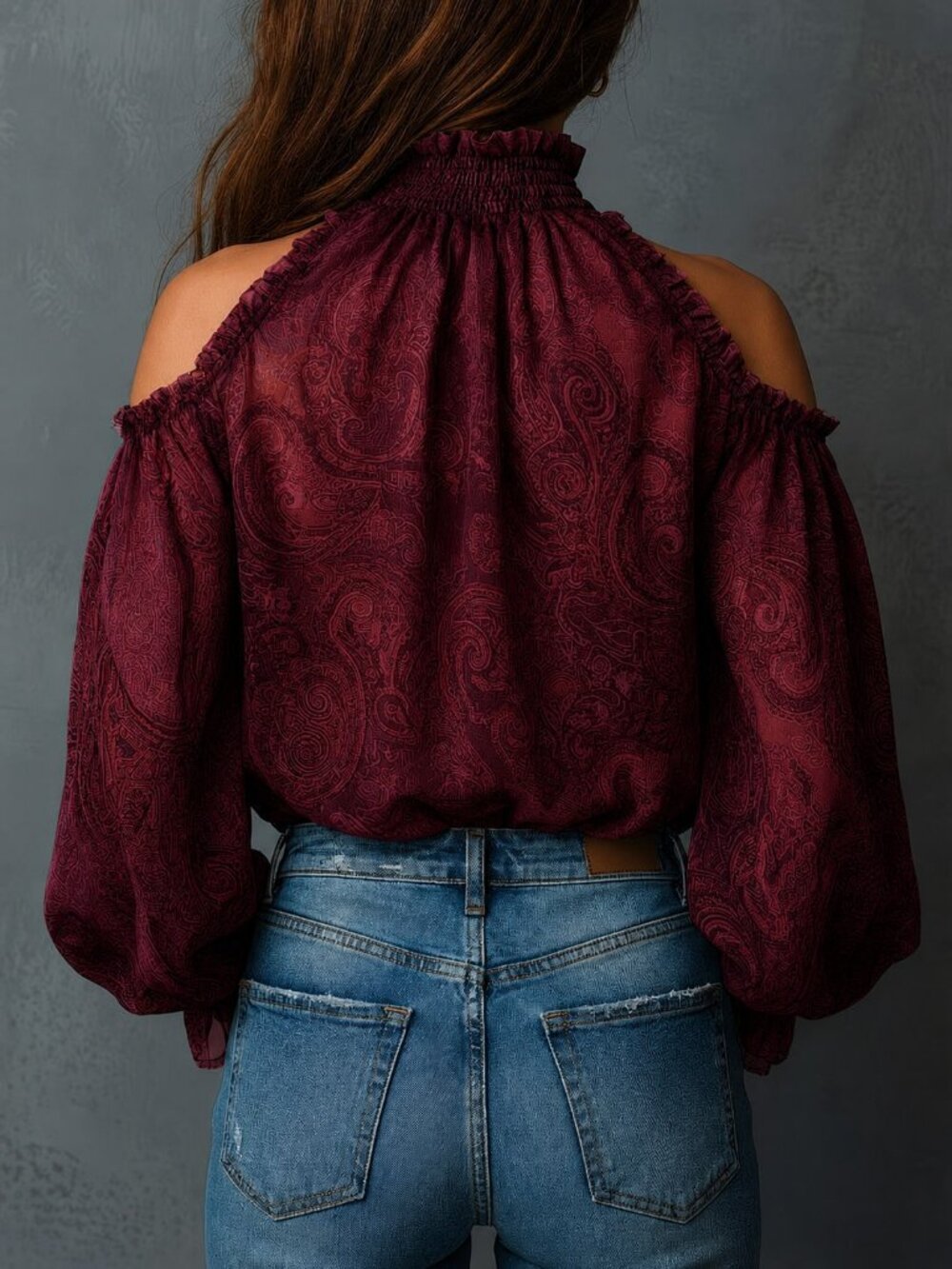 Burgundy Elegant Women's cold shoulder blouse - Picture 2 of 5